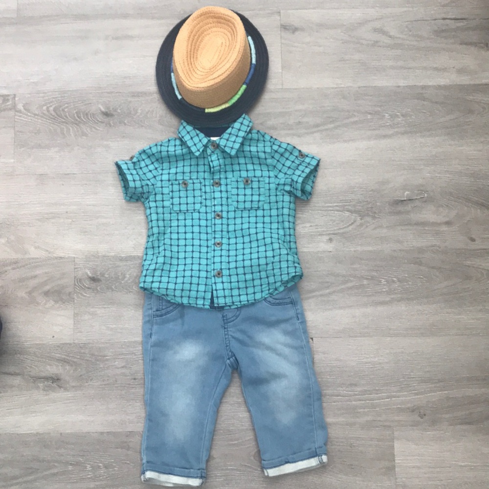 New Cat & Jack button shirt and hat 6-9 month